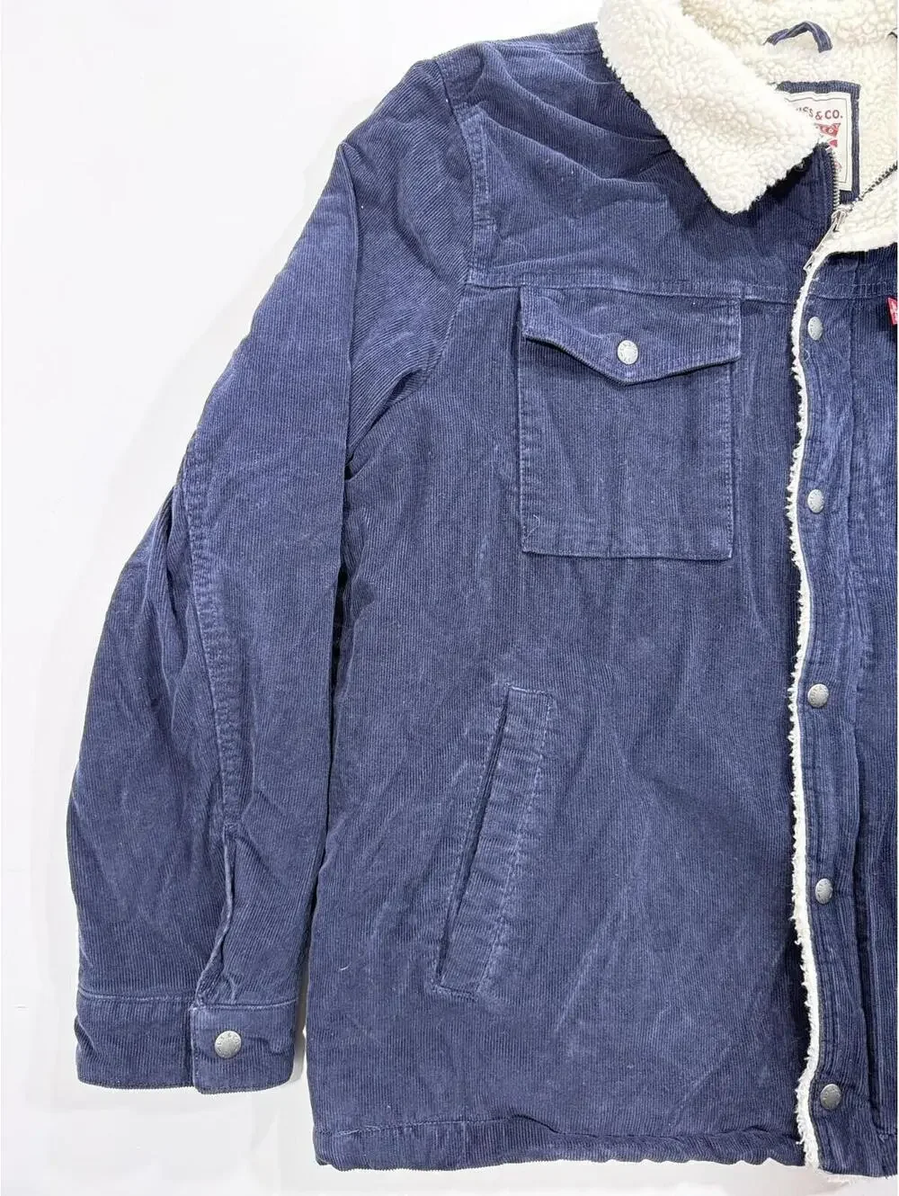 Levi’s Sherpa Trucker Jacket Mens XL Navy Corduroy Fleece Lined Snap Zip
